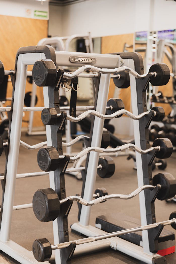 Organized dumbbell rack in a well-equipped modern gym for fitness and strength training.